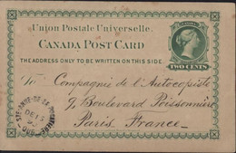 Carte Postal Entier Règne De Victoria 2ct Vert CAD STE ANNE DE LA POCATIERE QUE DE 15 90 Région Quebec Pr Paris - 1860-1899 Règne De Victoria