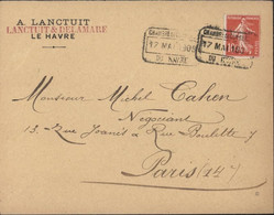 Grève Poste YT 138 Semeuse Camée 10ct Rouge Oblitération Chambre De Commerce Du Havre 17 MAI 1909 Pour Paris - Sonstige & Ohne Zuordnung