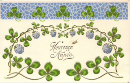 CPA Heureuse Année - Trefles Porte Bonheur - Carte En Relief Vert Et Bleu - 1907 - New Year