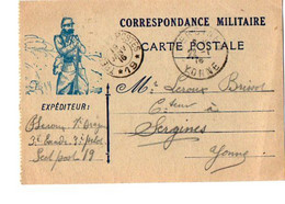 TB 3375 - MILITARIA - Carte En Franchise Militaire - Soldat LEROUX Du Rgt De Dragons SP 19 Pour SERGINES - Lettres & Documents