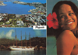 Polynésie Française Tahiti Ville Et Port De Papeete Tahitienne Jolie Jeune Femme Cachet Poste Aux Armées 1977 - Polynésie Française