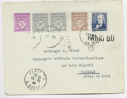 FRANCE ARC TRIOMPHE 5C+10CPAIRE +25C+ 4FR CHAPPE LETTRE REC PROVISOIRE PARIS 80 14.11.1944 AU TARIF - 1944-45 Arc Of Triomphe