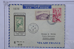 AU9 FRANCE BELLE LETTRE 1946 PARIS POUR BUENOS AYRES+PORTE TIMBRE MERMOZ +AEROPHILATELIE + AFF. PLAISANT - 1927-1959 Brieven & Documenten