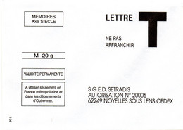 PAS De CALAIS - Dépt N° 62 = NOYELLES Sous LENS / VALIDITE PERMANENTE = LETTRE T  ' MEMOIRES XXe SIECLE ' - Cartes/Enveloppes Réponse T