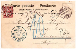 Schweiz 1898, 5 C. Auf Karte M. L1 THUN U. "T" Sowie Bayern PORTOKONTROLLE "10" - Unclassified