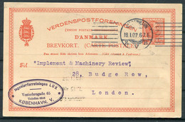 1907 Denmark 10ore Stationey Postcard Copenhagen - "Implement & Machinery Review" Budge Row, London - Lettres & Documents