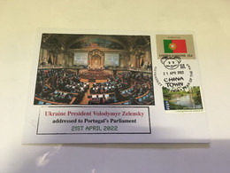 (3 H 28) UKRAINE President Address To Portugal Parliament (21st April 2022) With OZ Map Stamp + Portugal Flag Stamp - Cartas & Documentos