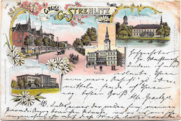 Gruss Aus Groß-Strehlitz, Lithographie, Krakauer Vorstadt - Gymnasium - Gräfl. Schloss - Rathaus, 1897 Gelaufen - Schlesien