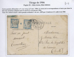 Carte Postale (1906) Pour Cannes - Taxée à 10 Cts Mill 6, Papier B - Voir Explications Sur Scan - 1859-1959 Storia Postale