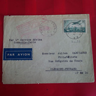 LETTRE POSTE AERIENNE 1ER TRANSPORT DE COURRIER POSTAL GRENOBLE PARIS POUR CLERMOND FERRAND - Cartas & Documentos