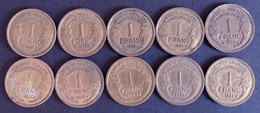 Lot 10 Pièces 1 Franc Morlon 1931, 1932, 1933, 1934, 1936, 1937, 1938, 1939, 1940, 1941 - 1 Franc