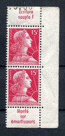!!! 15F MARIANNE DE GANDON, PAIRE VERTICALE DE CARNET AVEC BANDES PUBS BIC NEUF ** - Unused Stamps