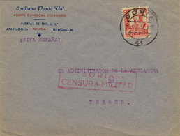 1937 , SORIA , SOBRE COMERCIAL CIRCULADO A TERRER , MARCA DE CENSURA MILITAR - Lettres & Documents