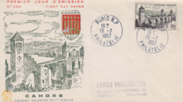 Enveloppe  FDC  1er  Jour   FRANCE   70F  Pont   Valentré    CAHORS   Oblitération   PARIS   PHILATELIE   1957 - 1950-1959