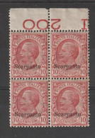 EGEO - SCARPANTO:  1912  SOPRASTAMPATI  -  10 C. ROSA  BL. 4  N.  -  SASS. 3 - Egeo (Scarpanto)