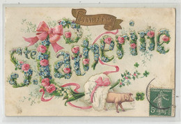 Cpa Bonne Année Ste Sainte Catherine , Ruban Rose Treffle  Et Cochon , Carte Relief Fantaisie - Neujahr