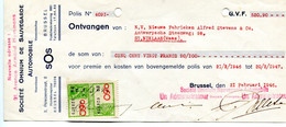 1946 Kwitantie Van Polis SOS Brussel SOCIETE OMNIUM DE SAUVEGARDE AUTOMOBILE N.V. - Automobile