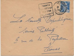 LETTRE AFFRANCHIE N° 886  OBLITERATION DAGUIN " VERNOU LES COTEAUX -SES VINS DE VOUVRAY -INDRE ET LOIRE -1954 - Mechanical Postmarks (Other)