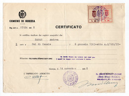 1958. ITALY,GORIZIA,CITIZEN'S CERTIFICATE,MUNICIPALITY OF GORIZIA 2 REVENUE STAMPS - Steuermarken