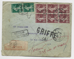 FRANCE N° 189 BLOC DE 6+159X2 LETTRE REC PARIS 15.4.1926 POUR PARIS + GRIFFE A - 1906-38 Sower - Cameo