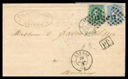 Lettre Pliée - De ANVERS à BORDEAUX - Oblitération Losange 12 - 20c Bleu - Carré P.D. - Restant Cachet De Cire ? - 1872 - 1869-1883 Leopold II