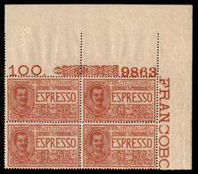 Regno - Vittorio Emanuele III - 1920 - 50 Cent Espresso (4) - Quartina Angolo Di Foglio Con Numero Di Tavola 9863 - Gomm - Autres & Non Classés