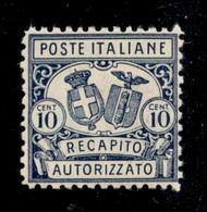 Regno - Vittorio Emanuele III - 1928 - 10 Cent Recapito Autorizzato (1) - Gomma Integra - Molto Ben Centrato - Autres & Non Classés