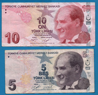TURKEY LOT 5 + 10 TÜRK LIRASI L. 1970 / 2009 P# 222 + 223 Atatürk - Turkey