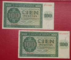 ESPAÑA.  EDIFIL 421a.  100 PTAS 21 DE NOVIEMBRE DE 1936. PAREJA CORRELATIVA SERIE O. CONSERVACIÓN EBC+ - 100 Pesetas