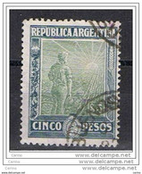 ARGENTINA:  1912/15  SEMINATORE  -  5 P. BLU  GRIGIO  E  OLIVA  US. -  FIL. ESAGONI  ORIZZ. -  YV/TELL. 190 - Usados