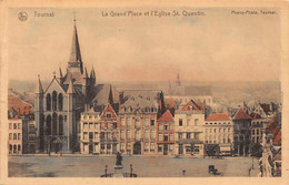 Tournai - La Grand Place Et L'église St Quentin - Au Gros Chien, Café De L'europe, De Paris Et Munich Hof Brau 1924 - Tournai