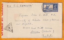 1943 - WWII - Enveloppe Par Paquebot SS EXMOUTH De Bombay, Inde, GB Vers Denver, USA - British Censorship - 1936-47 Koning George VI