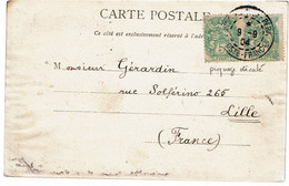 CTN80 - LEVANT FRANCAIS -  BLANC 5c X2. PETITE VARIETE PIQUAGE DECALE SUR CPA PERA / LILLE 9/9/1904 - Covers & Documents