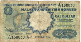 MALAYSIA MALAYA AND BRITISH BORNEO $1 GREEN BOAT FRONT MOTIF BACK DATED 01-03-1959 SCARCE P.8A AF READ DESCRIPTION !! - Malaysia