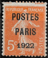 FRANCE Préoblitéré PARIS 1922, N° Yvert Et Tellier 30 - 1893-1947