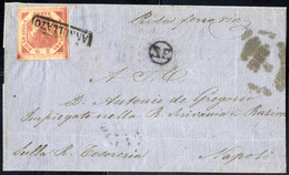 Cover 1859, Lettera Da Prato Il 29.3 Per Napoli Affrancata Con 2 Gr. Carminio Bollo "ANNULLATO", Con Sul Recto Ditale S. - Naples