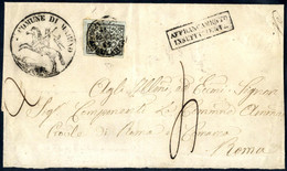 Cover 1865, Lettera Da Marino Il 16.6 Per Roma Affrancata Con 2 B. Verde Oliva, Annullato Roma-Ceprano Ambulanza 1° Tr R - Stato Pontificio