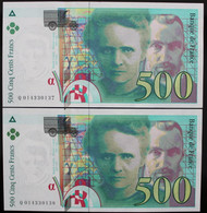 France - 500 Francs - 1994 - PICK 160a.1 / F76.1 - Pr. NEUF (2 Billets) - 500 F 1994-2000 ''Pierre Et Marie Curie''