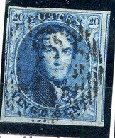 BELGIQUE - COB 4 - 20C BLEU FONCE PAPIER EPAIS MEDAILLON MARGE OBLITERE - 1849-1850 Medallions (3/5)