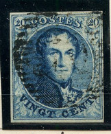 BELGIQUE - COB 4A - 20C BLEU CLAIR  PAPIER EPAIS MEDAILLON MARGE OBLITERE - 1849-1850 Médaillons (3/5)