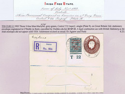 Ireland 1922 Thom Rialtas Ovpt In Red On 4d, Control T22 Imperf, Used On GB 1½d Brown Envelope Dublin To Kent - Cartas & Documentos