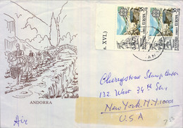 1989 ANDORRA , CORREO ESPAÑOL , SOBRE CIRCULADO ENTRE ORDINO Y NEW YORK , ED. 169 X 2 , TEMA EUROPA - Covers & Documents