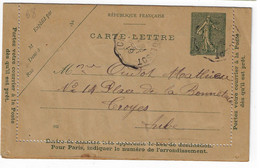 Carte Lettre 15c Semeuse Lignée Storch B8 Yv 130-CL7 Mill 912 Ob Convoyeur Cunfin à Polisot 21 9 1919 Dest Troyes - Letter Cards