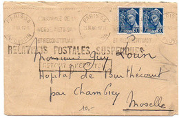 Mercure 50c X2 Sur Lettre De 1940 De Paris Pour La Moselle - Cachet 'Relations Postales Suspendues / Retour à L'envoyeur - 1921-1960: Periodo Moderno