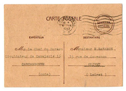 TB 3461 - MILITARIA - 1942 - Carte En Franchise Militaire - Bureau De Ex Dépot De Cavalerie à CARCASSONNE Pour OLIVET - Lettres & Documents