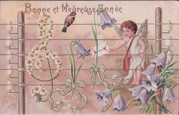 Bonne Et Heureuse Année, Angelot, Lettre Et Fleurs, Litho Gaufrée (3529) - New Year