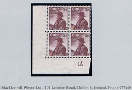 Ireland 1957 O'Crohan 2d, Corner Block Of 4 Plate 1A Mint Unmounted Never Hinged - Nuevos