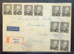 Czechoslovakia - Registered Multifranking Cover (only Front) To Switzerland 1953 Alois Jirasek Plzen - Covers & Documents