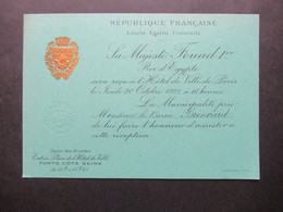 1927 Zwei Einladungskarten Zum Besuch Sa Majestre Fouad 1. Roi D'Egypte In Paris Im Hotel De Ville Salon Des Arcades - Tickets D'entrée