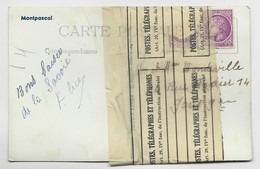 FRANCE MAZELIN 1FR50X2 CARTE MONTPASCAL 1947 SAVOIE DECHIREE EN 2 ET UN TIMBRE DECHIRE  + BANDE PTT DE REPARATION - 1945-47 Cérès Van Mazelin